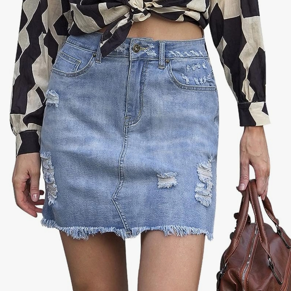 Stretchy Denim Jean Mini Skirt, Distressed,  S/ M, Fringed Fitted Stretch Cotton